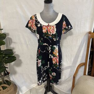 SUNNY GIRL Floral Dress Navy Peter Pan Collar ModCloth XL Twee A-Line Retro